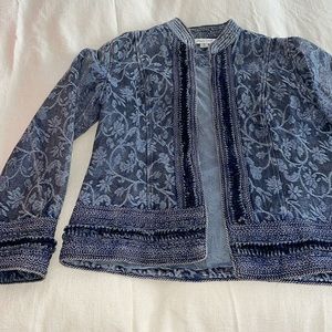 Cold Water Creek Blue Denim Jacquard Jacket Blaise Bordered Trip Size M